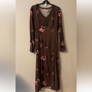 Vintage Together Brown Floral Long Sleeve Midi Dress